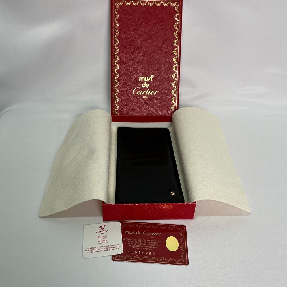 Cartier Authentic Must De Cartier bifold wallet Black Leather Full Inclusion